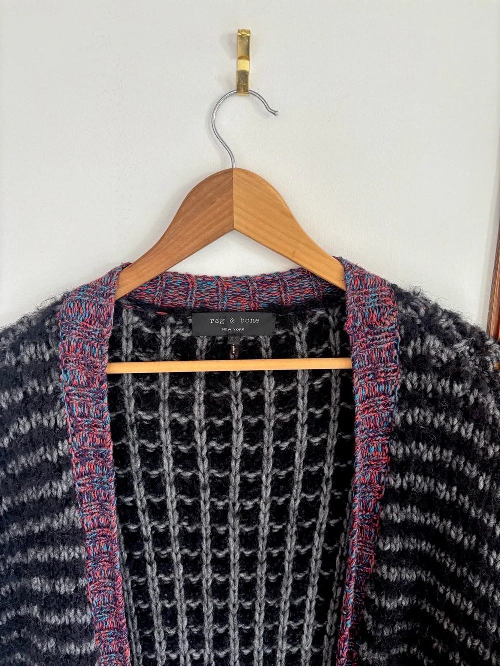 rag & bone Long Black and Gray Striped Open-Front Cardigan with Marled Trim